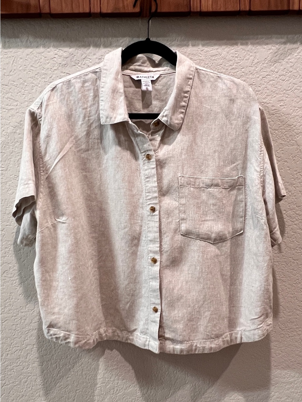 Athleta Retreat 100% Linen Short Sleeve Collared Shirt Natural Beige Size XL - Picture 2 of 11
